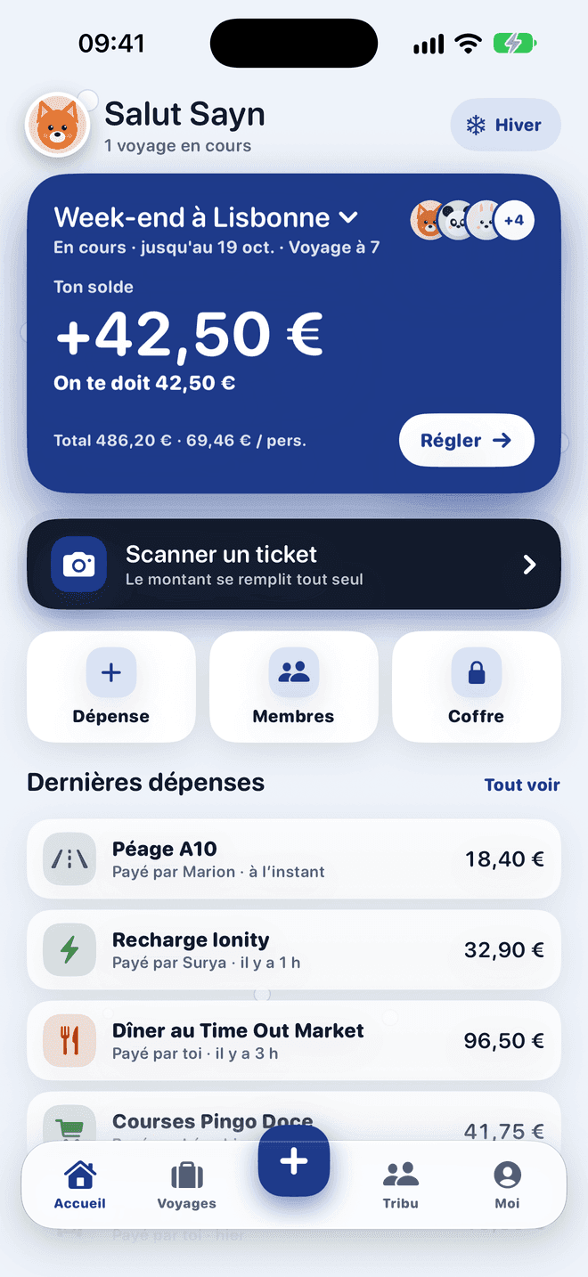 Accueil de l’app aux couleurs de l’hiver