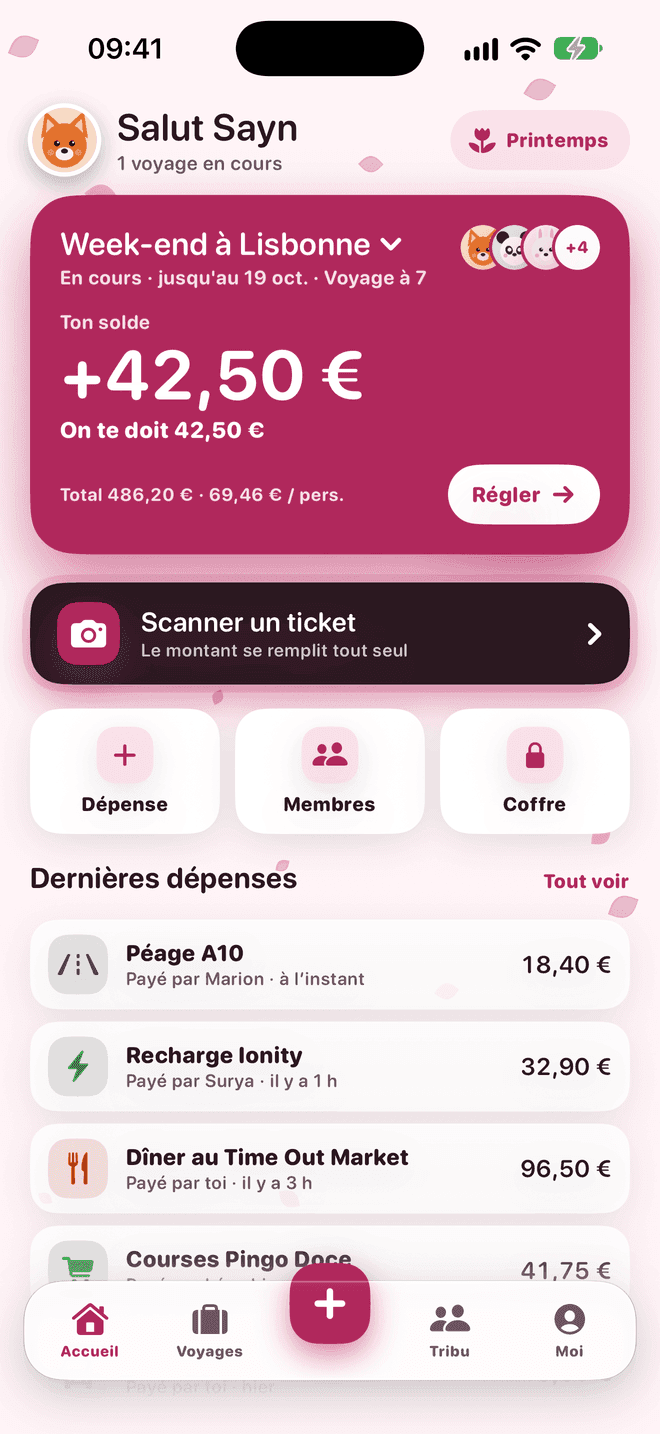 Accueil de l’app aux couleurs du printemps