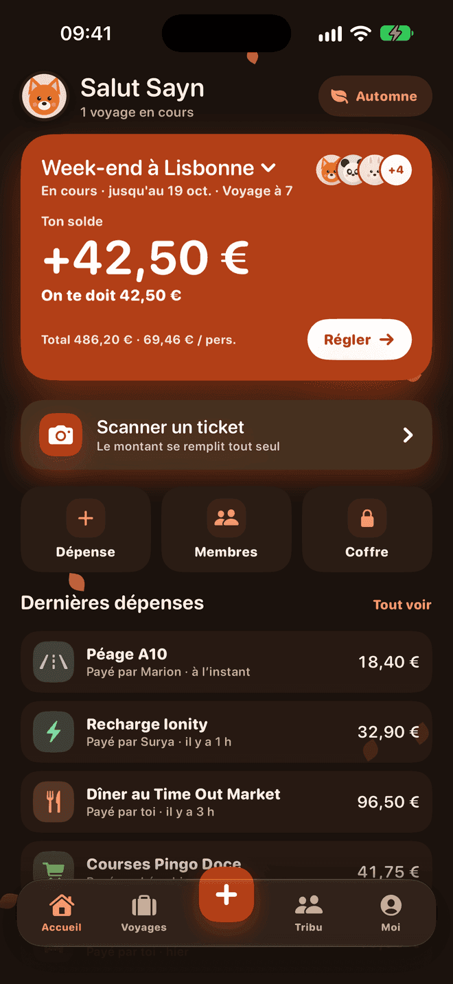 Accueil de l’app en thème sombre