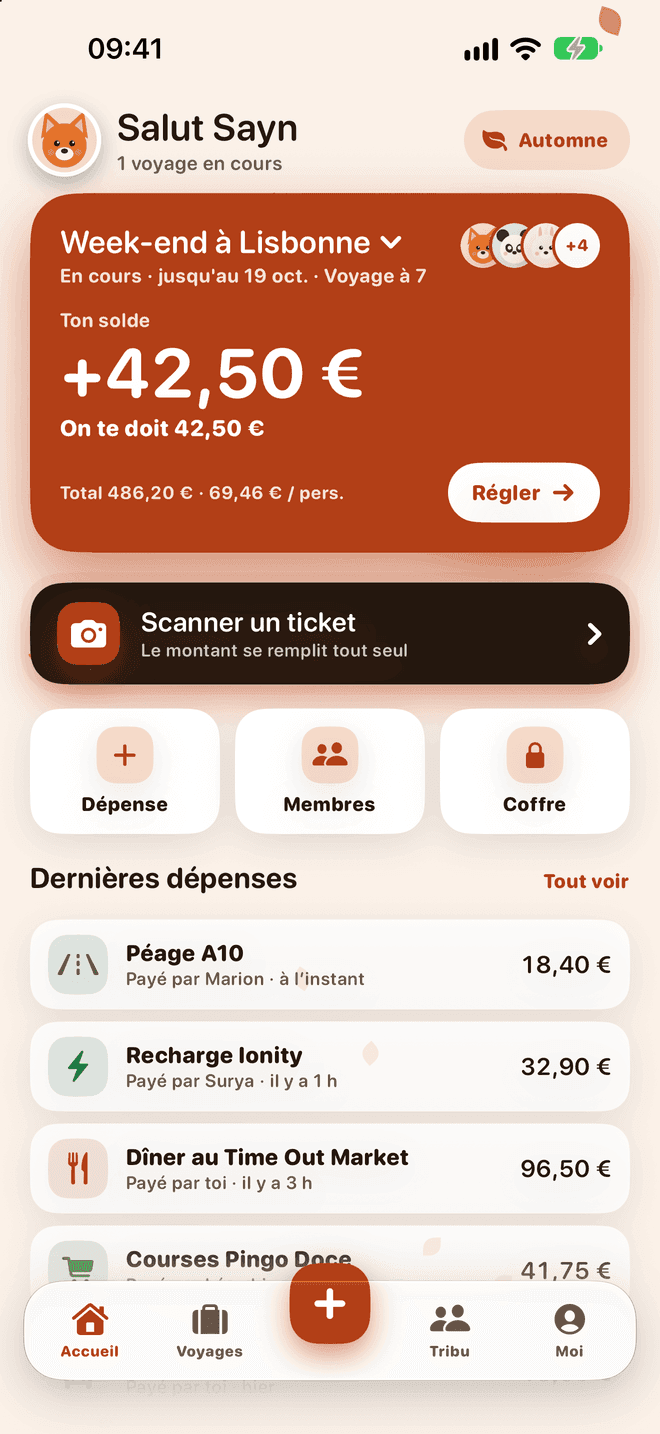 Accueil de l’app : le voyage en cours, ton solde et les dernières dépenses