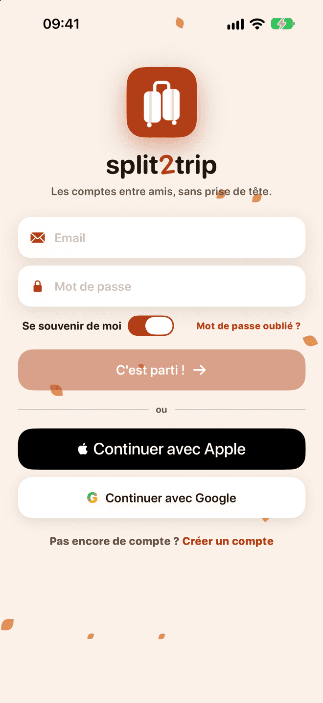Écran de connexion de l’app